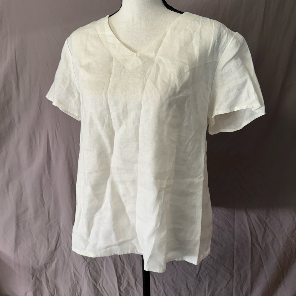Grae Cove 100% Linen White Popover V-Neck Top Size Large